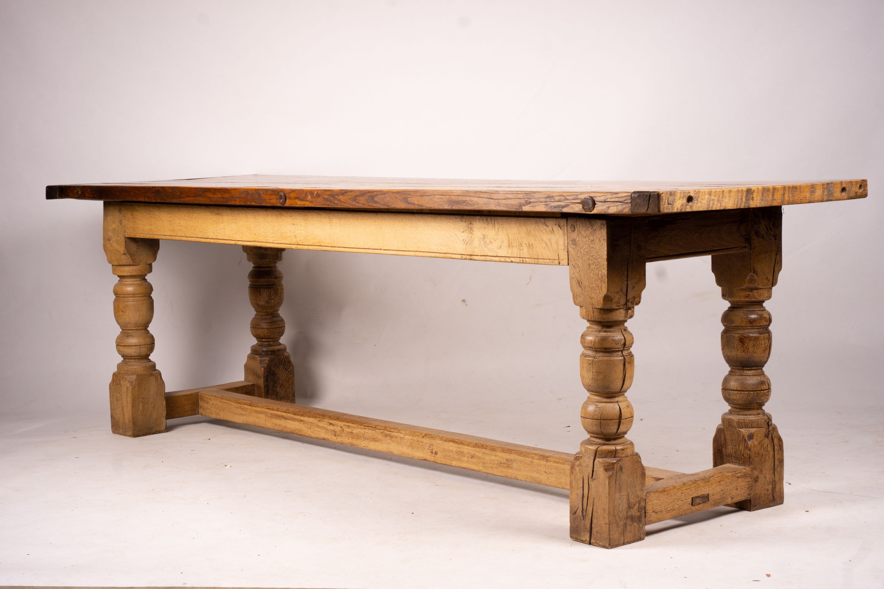 An 18th century style rectangular oak refectory dining table, length 238cm, depth 73cm, height 75cm